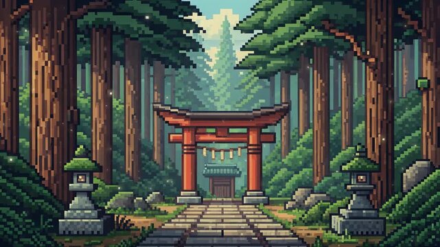 ドット絵の鳥居と参道 ピクセルアートループ動画