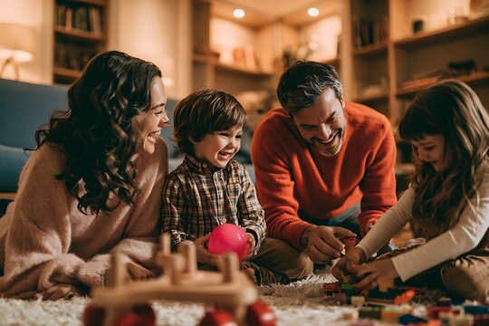 Happy family playing with toys on the floor in a cozy living room at home