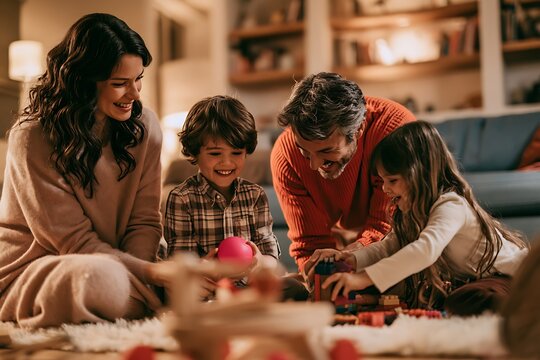 Joyful family spending quality time playing with building blocks in a warm living room