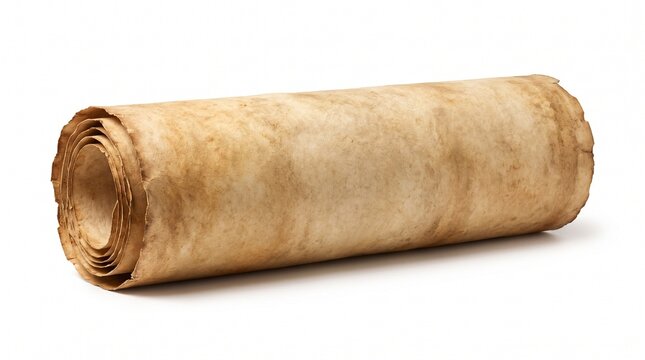 Rolled antique parchment paper scroll isolated on white background