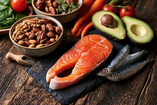 Fresh salmon steak, sardines, avocado, nuts, seeds, and vegetables on a dark wooden background, healthy food concept