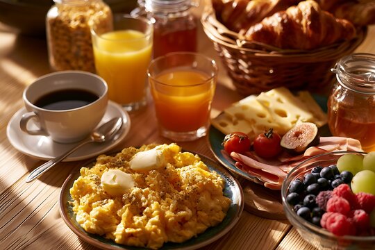 A delicious breakfast spread with scrambled eggs, fresh berries, croissants, cheese, ham, and orange juice on a wooden table