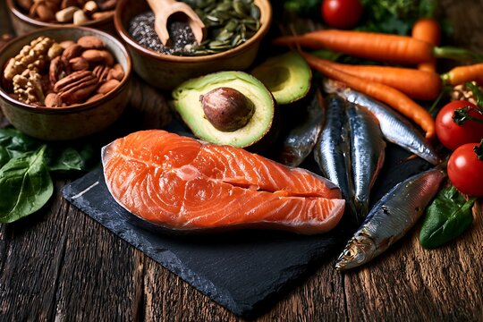 Fresh raw salmon steak with avocado, nuts, seeds, carrots, and sardines on a rustic wooden table