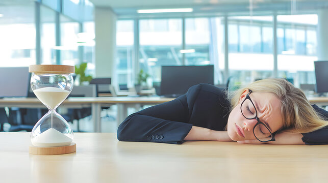 A tired businesswoman sleeps on an office desk next to an hourglass - a concept for deadlines and stressful work
