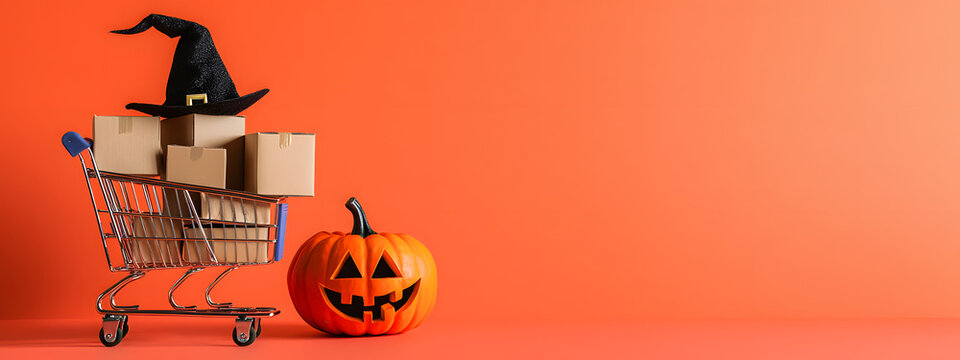 A Halloween pumpkin with a witch's hat next to a shopping cart with parcel boxes on an orange studio background with copyspace