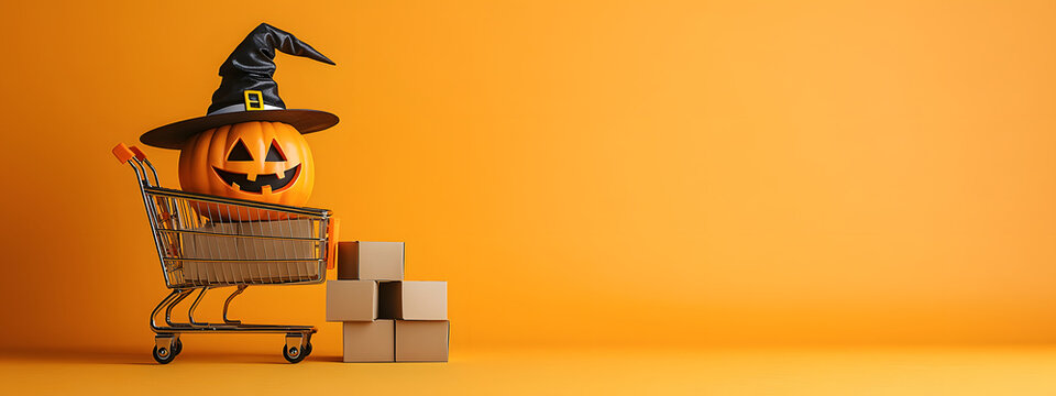 A Halloween pumpkin with a witch's hat next to a shopping cart with parcel boxes on an orange studio background with copyspace