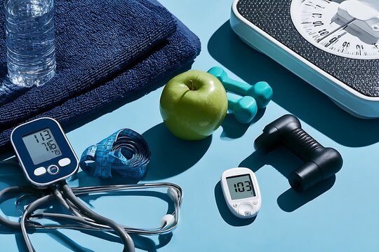 Healthy lifestyle concept with medical equipment, fitness accessories, fresh apple, and water bottle on a blue background, top view