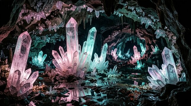 Luminous crystal clusters inside a dark cavern with glowing pink and blue reflections on the water surface.