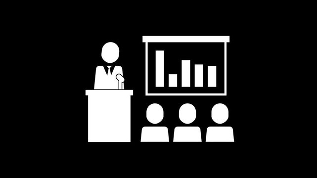 White business presentation and lecture icon animation with animated bar chart graph on black background.