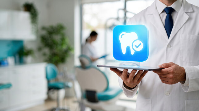 Dental checkup approved with a blue tooth and a check mark, healthy teeth confirmed by the dentist after a routine exam, cleaning and preventive care at the clinic