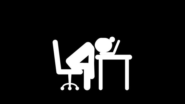 White icon animation of a tired woman sleeping on a desk in front of a laptop against a black background.