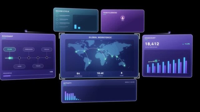 Workforce analytics dashboard with world map, headcount chart and hiring pipeline funnel assembling on black