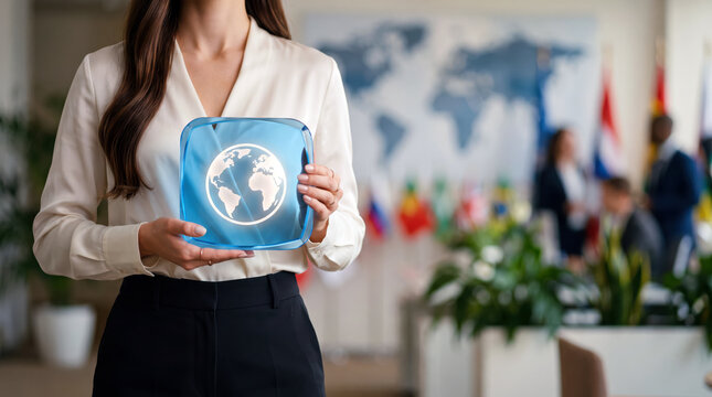 International business symbol held up as a blue globe badge, a worldwide company that connects teams, partners and markets in many countries through one global network