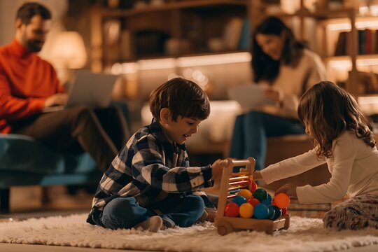 Cozy family evening at home with parents working and children playing with a wooden toy on the living room rug