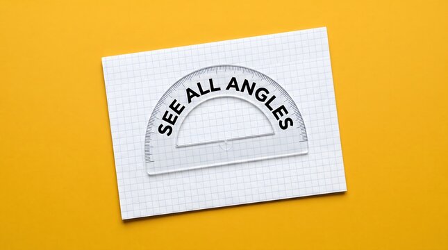 See All Angles message on a clear plastic protractor placed over graph paper on a vibrant yellow background top view flat lay concept