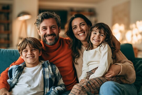 Portrait of a happy family of four sitting together on a comfortable sofa at home