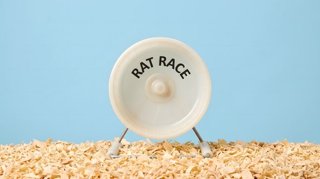 White Hamster Wheel With Rat Race Text On Wood Shavings Bedding Over Pastel Blue Background For Business Concept