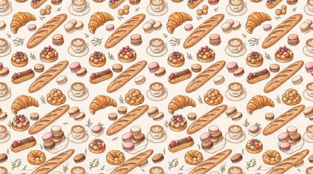 Seamless repeating pattern featuring croissants, baguettes, macarons, small pastries and coffee cups