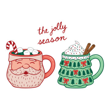 Cute Christmas hot chocolate mugs with Santa Claus face and Christmas tree pattern illustration. Festive Christmas drink illustration with the jolly season lettering hot cocoa marshmallows and candy. 