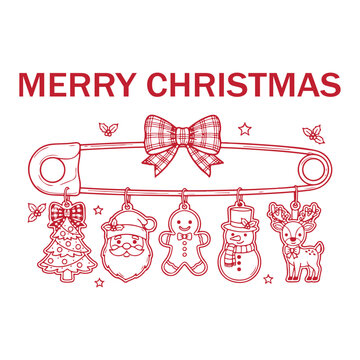 Merry Christmas safety pin with hanging festive charms vector illustration. Cute Christmas charms hanging on a safety pin red line art design. 