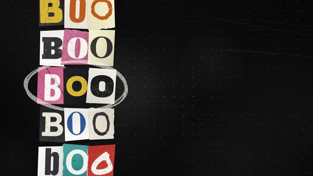 Column of boo ransom note letters, one row circled in chalk, on a dark grunge texture. Halloween banner background with large empty space