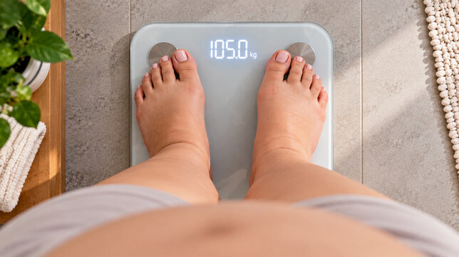 Overweight woman standing barefoot on digital bathroom scale displaying 105 kg, top view of body weight measurement at home, obesity, weight management and personal health monitoring concept
