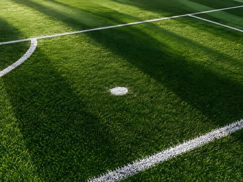Penalty spot and boundary line marked with white chalk on green sports turf