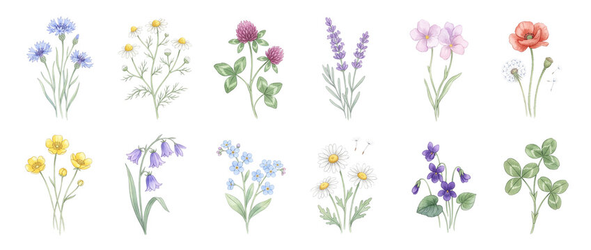 Wildflower botanical illustration set vector floral elements including chamomile, lavender, daisy, poppy, buttercup, bluebell, forget me not, and clover herbs isolated on a black background.