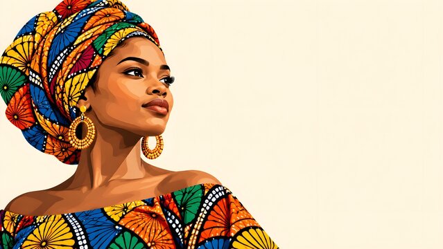 African woman in colorful patterned headwrap looking aside