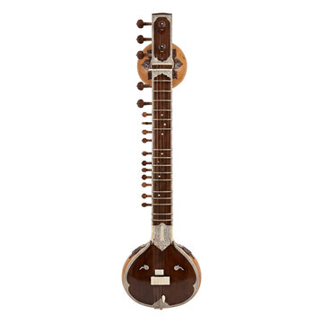 Long necked sitar with brass pegs and dark gourd resonator