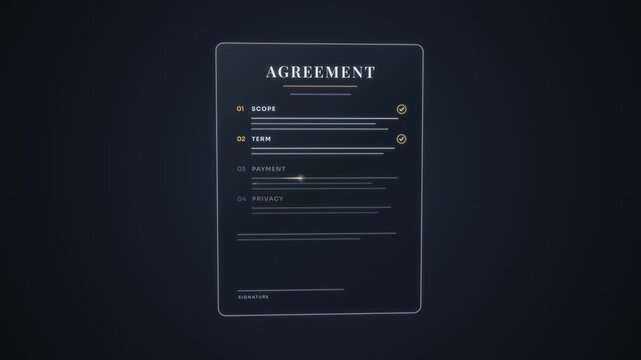 Digital contract signing with agreement clauses checked off, a glowing signature and a gold verified seal