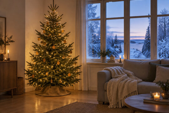 Lit Christmas tree in a Scandinavian living room beside a snowy twilight window
