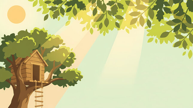 A whimsical vector treehouse with a wooden ladder in a large green tree under a sunny sky