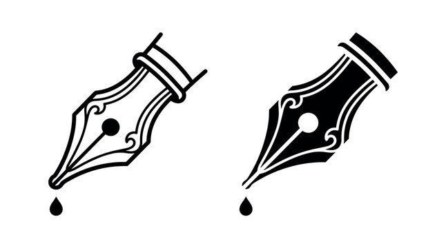 Two fountain pen nib icons in different styles with ink drops falling