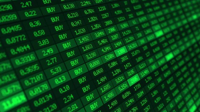 Wall of green stock quotes with numbers changing on a dark board. Rising prices across a currency and index table. Looping finance backdrop