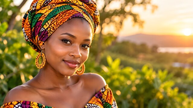 African woman wearing traditional headwrap in golden hour sunset