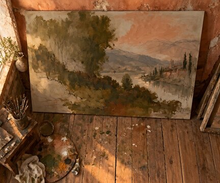 Large unfinished landscape oil painting resting against a crumbling terracotta-plastered studio wall with broad turpentine washes