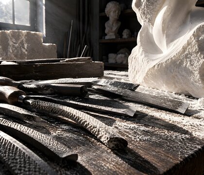 Sculptor atelier workbench piled with fine white gypsum dust curved riffler files hardened steel flat chisels and a mallet