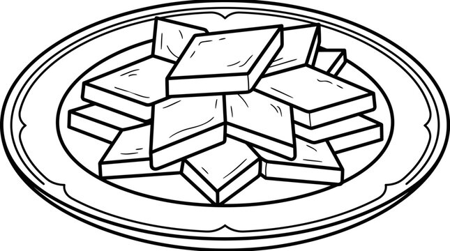 Kaju katli arranged on a plate black and white vector illustration