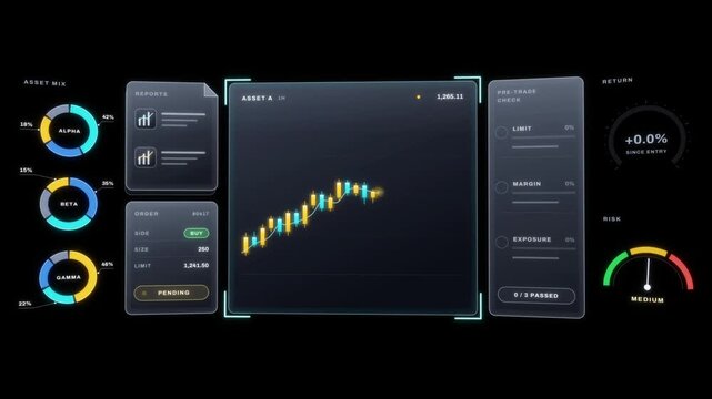 Trading dashboard executing a buy order after pre-trade risk checks pass as the candlestick chart climbs