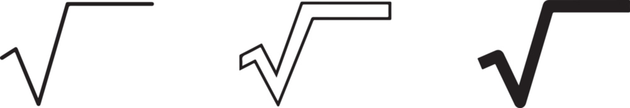 Black and white square root mathematical symbol set isolated on transparent background for math design.
