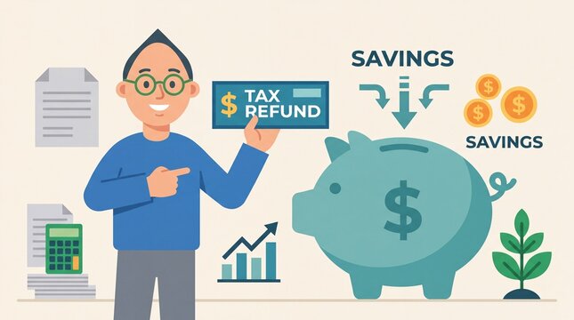 Man holding tax refund check next to a large piggy bank and financial documents
