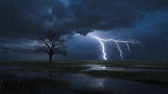 Lone tree on a stormy night field, heavy rain, lightning flash lighting the clouds, wet grass reflections