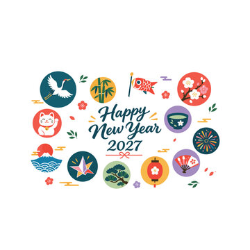 Traditional japanese lucky charms and symbols circle happy new year 2027 text for greeting banners.