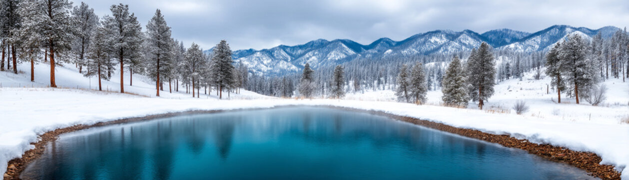 Steaming outdoor hot spring surrounded by snowy pine tree, calm turquoise water and mountain covered in winter snow, creating serene alpine scene