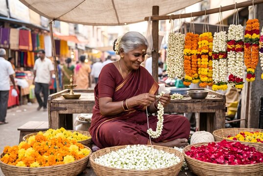 Elderly woman stringing jasmine garlands at her small flower stall
