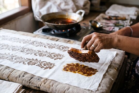 Copper batik stamp pressing hot wax patterns onto white cotton