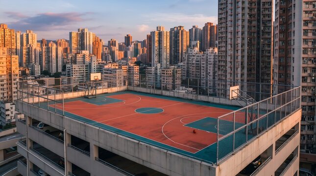 Empty basketball court on a car park rooftop at sunset