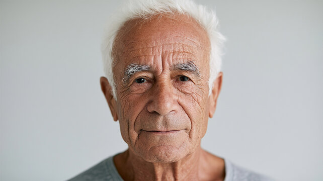 Close up portrait of elderly man with white hair, deep facial wrinkles and gentle expression looking directly at camera against light gray background, natural aging, wisdom and senior lifestyle