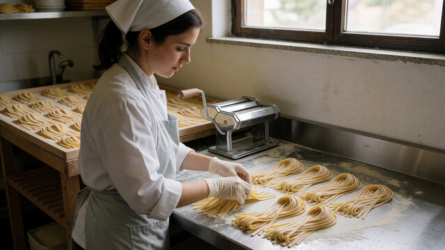 Eine Mitarbeiterin eines kleinen Lebensmittelbetriebs portioniert frisch hergestellte Bandnudeln auf einer Edelstahl-Arbeitsfl&auml;che.